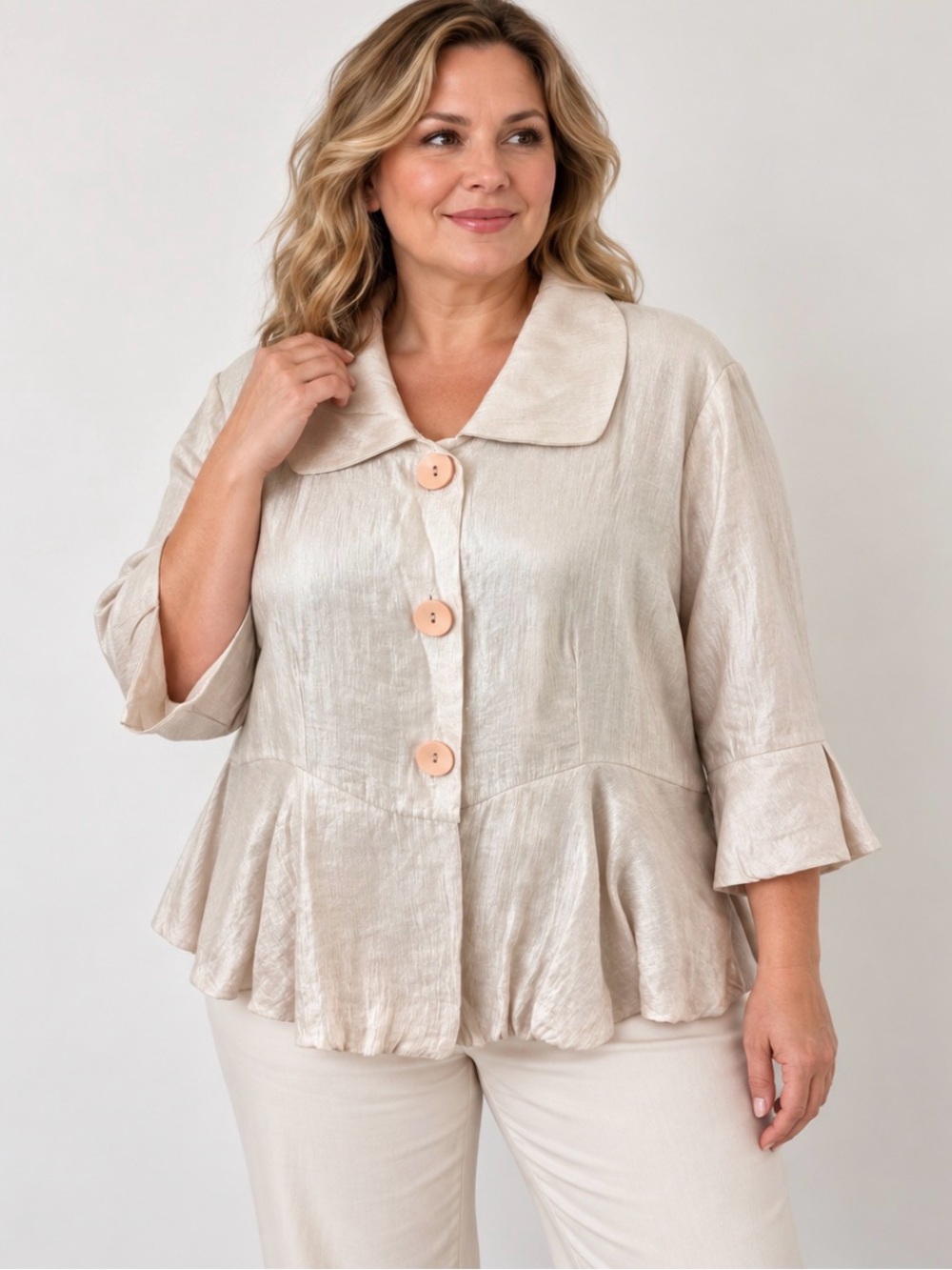 Plus Size Cream Button-Front Peplum Blouse with Soft Collar
